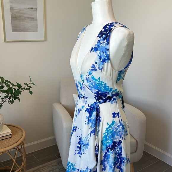 Lulus Paint Me a Picture Ivory Blue Watercolor Floral Garden Wrap Dress Small - Picture 17 of 17